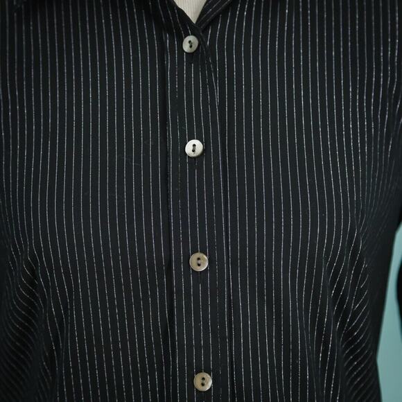 Lafayette 148 Size 2 Black Silver Stripe Collared Button Front Long Sleeve Top - Picture 2 of 7